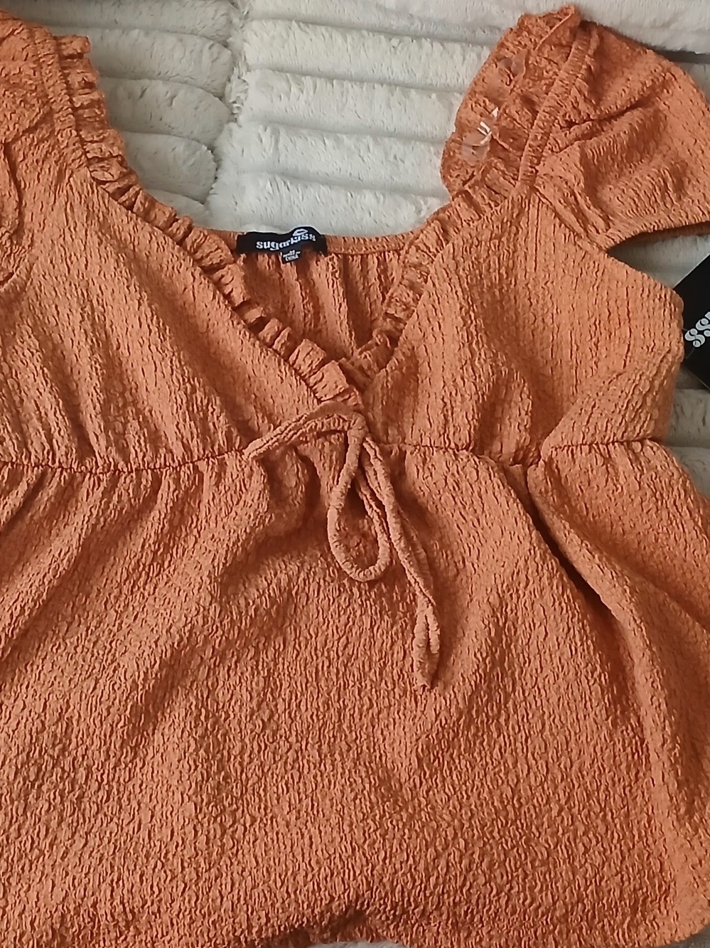 Sundry Burnt Orange Textured Ruffle Tie-Front Women's Blouse
